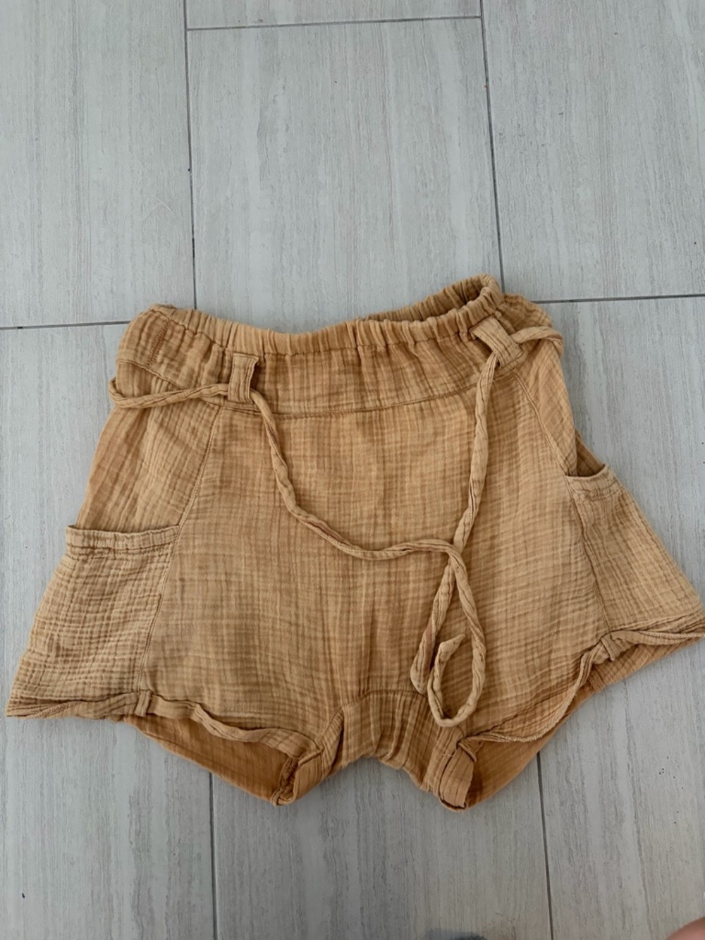 Free People Tan Gauze High-Waist Drawstring Shorts